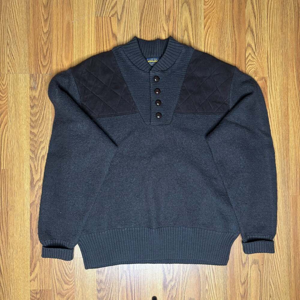 Vintage Woolrich Henley Sweater Green Brown Leather Buttons Suede Shoulder L